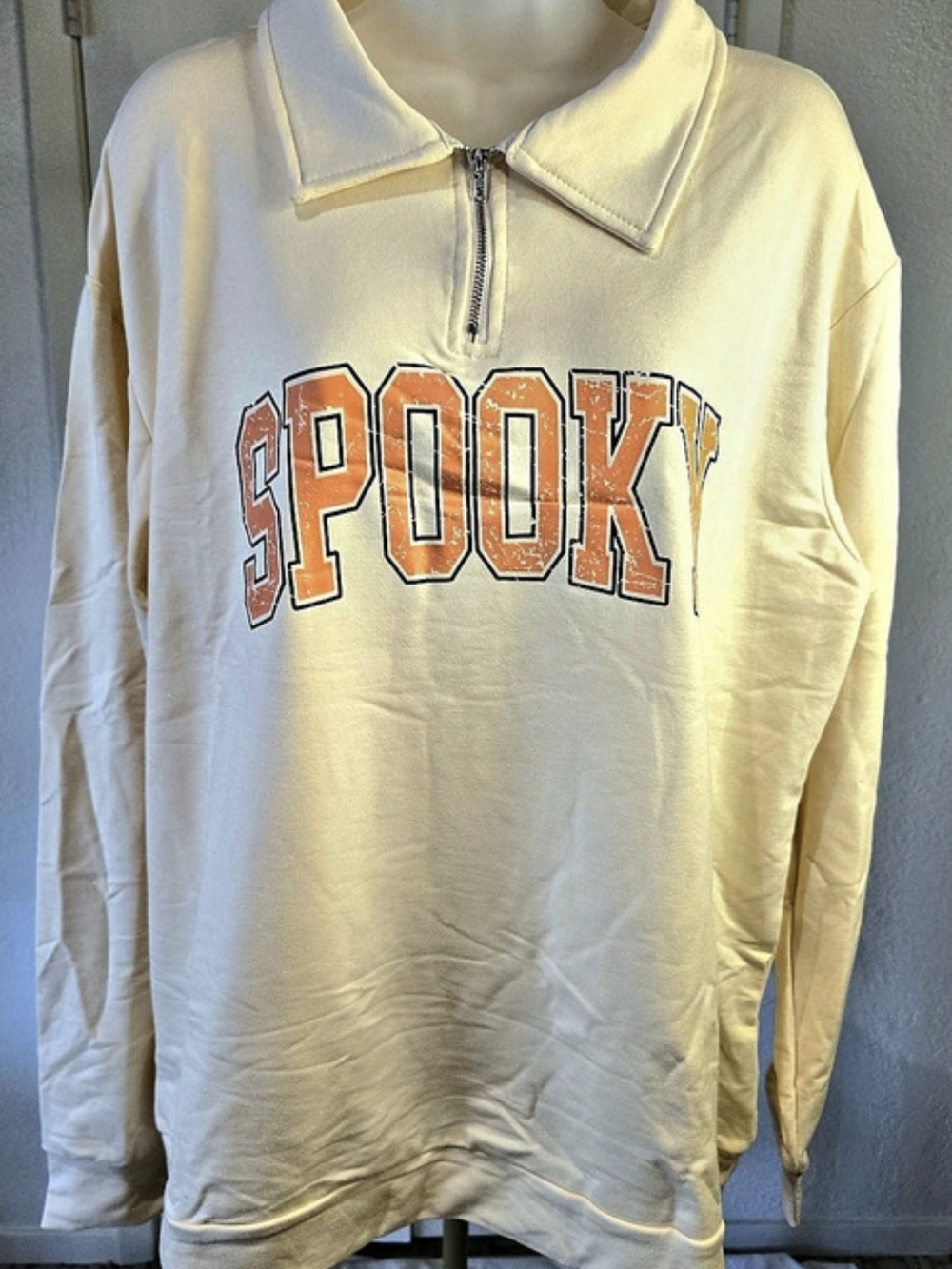 Halloween Spooky Cream-Colored Quarter-Zip Graphic Sweatshirt NEW